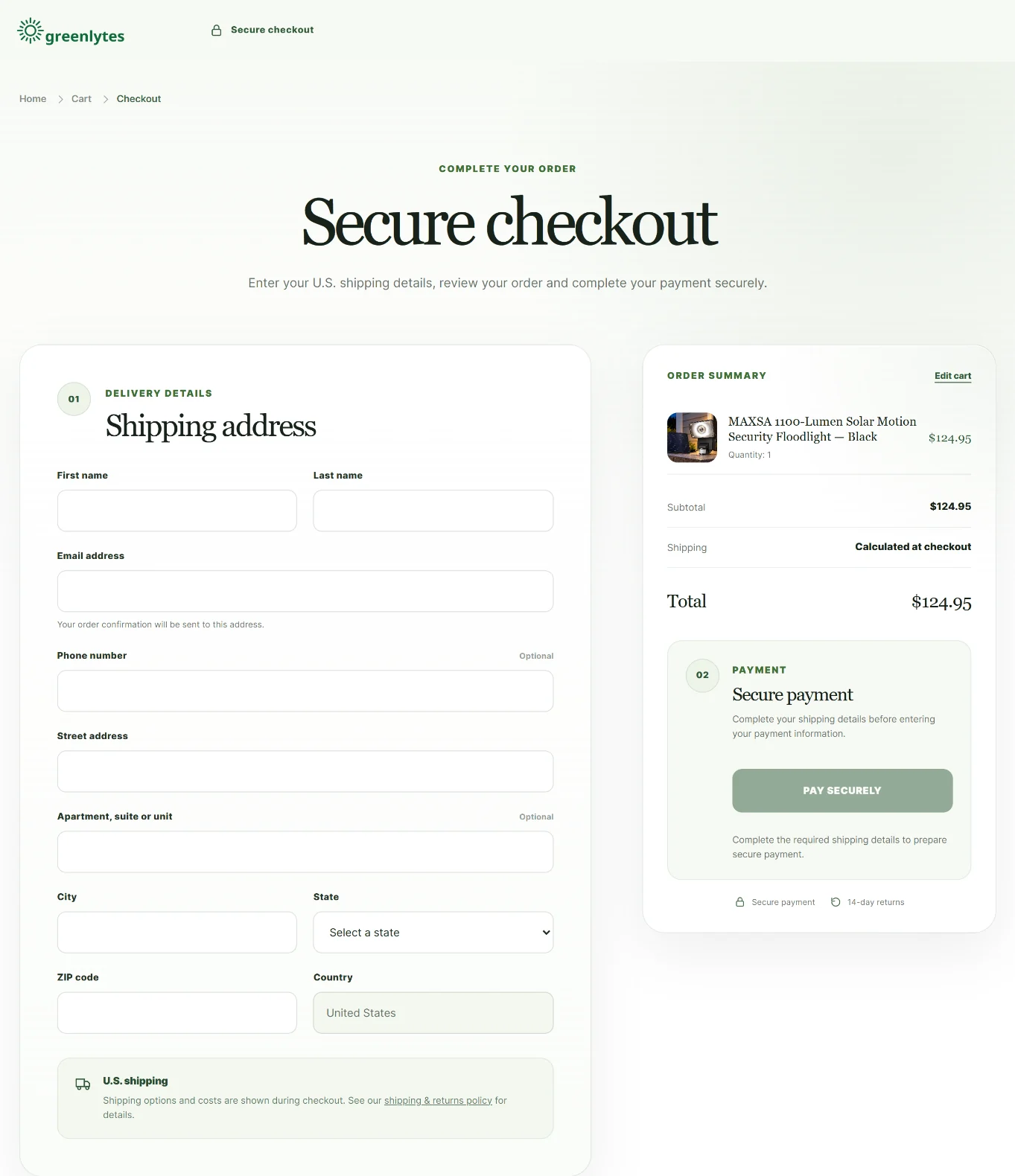 Checkout Greenlytes : adresse de livraison et récapitulatif de commande