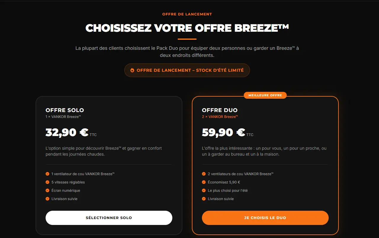 Offres Solo et Duo présentées sur la landing page Vankor