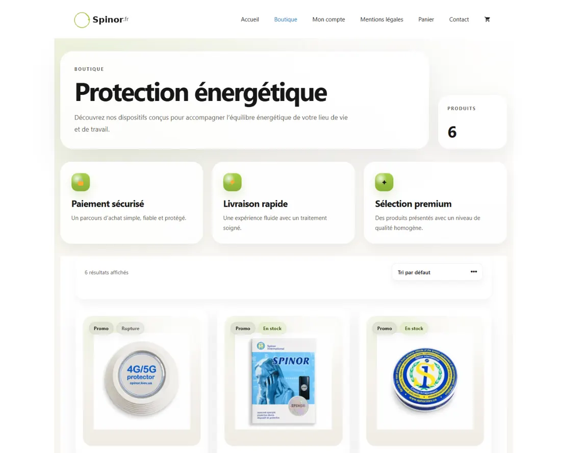 Boutique Spinor : présentation et cartes de produits personnalisées